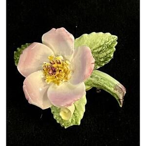 Vintage Ceramic Pink Flower Brooch Hand Painted Estate Jewelry Beautiful 2” Pin